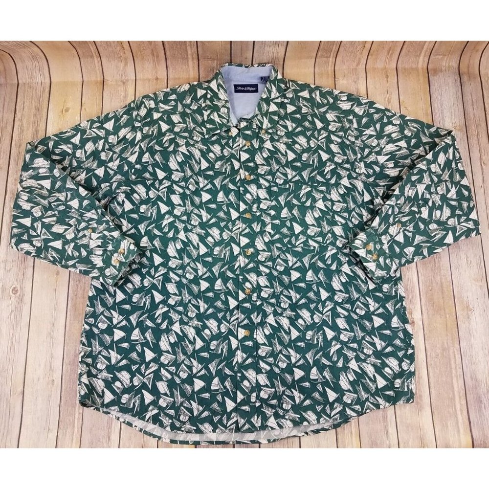 Stars & Stripes Button Up Shirt XL Green Mens Long Sleeves Sailboat Print B6